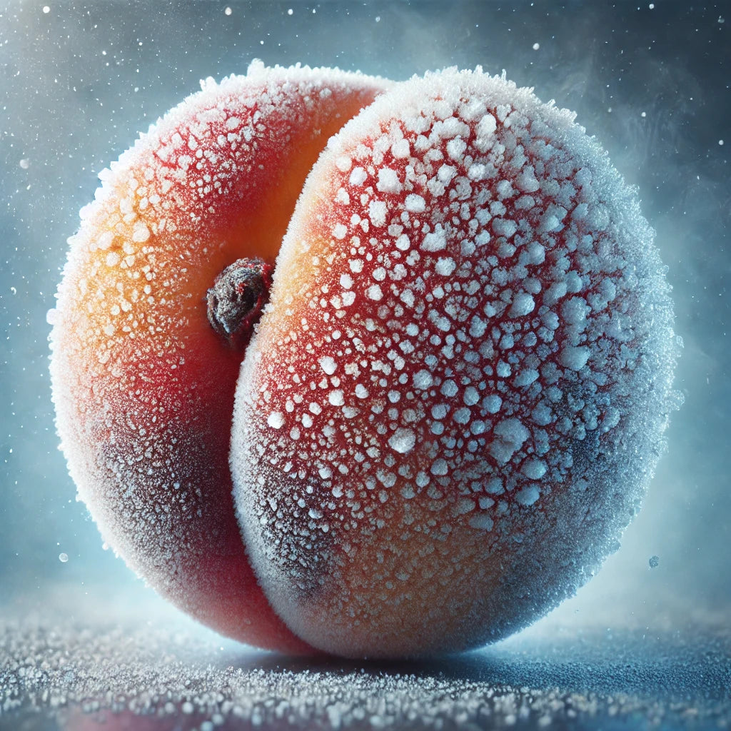 DALL·E 2025-02-05 20.46.13 - A hyper-realistic frozen peach, covered in a thin layer of frost and ice crystals. The peach appears fresh and juicy, with tiny frozen droplets on its.webp__PID:db7c93e4-ad70-4b91-b744-bb8cd372317c