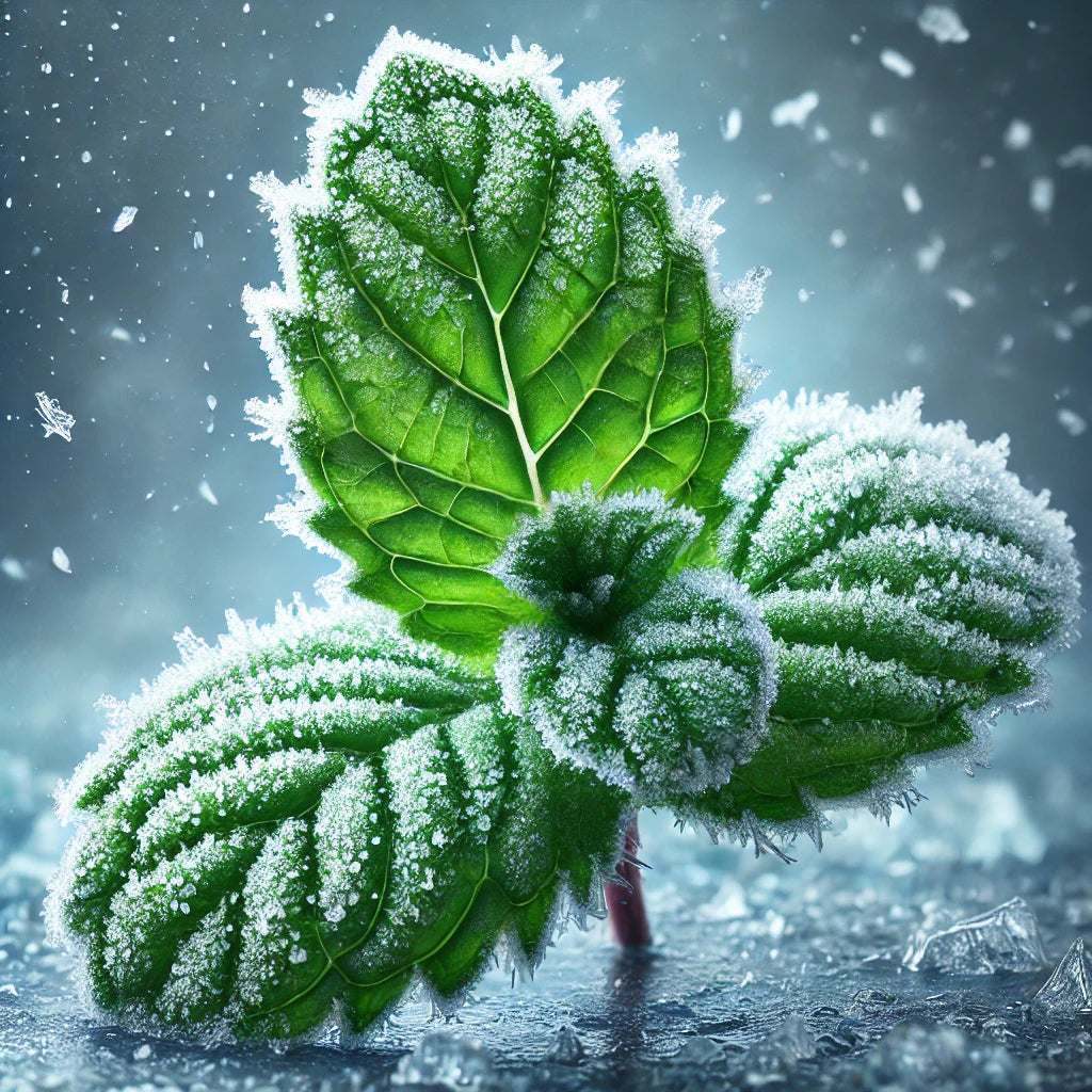 DALL·E 2025-02-05 20.47.47 - A hyper-realistic frozen mint leaf, covered in a thin layer of frost and ice crystals. The mint appears fresh and vibrant, with tiny frozen droplets o.webp__PID:f9f452db-7c93-44ad-b00b-91b744bb8cd3